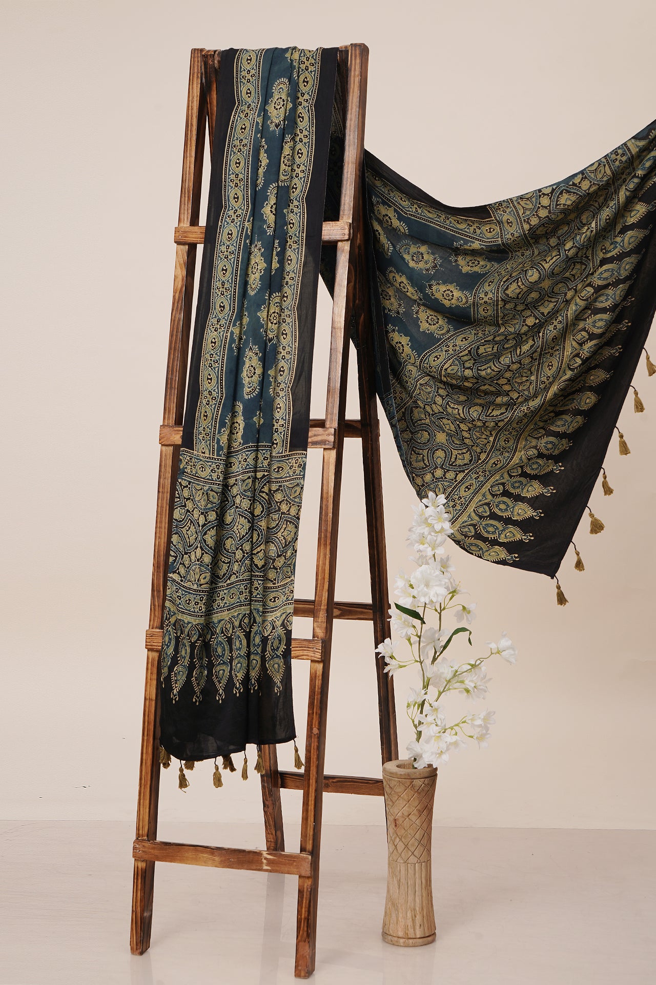 Blue-Henna Green Color Handcrafted Ajrak Printed Modal Dupatta with Tassels