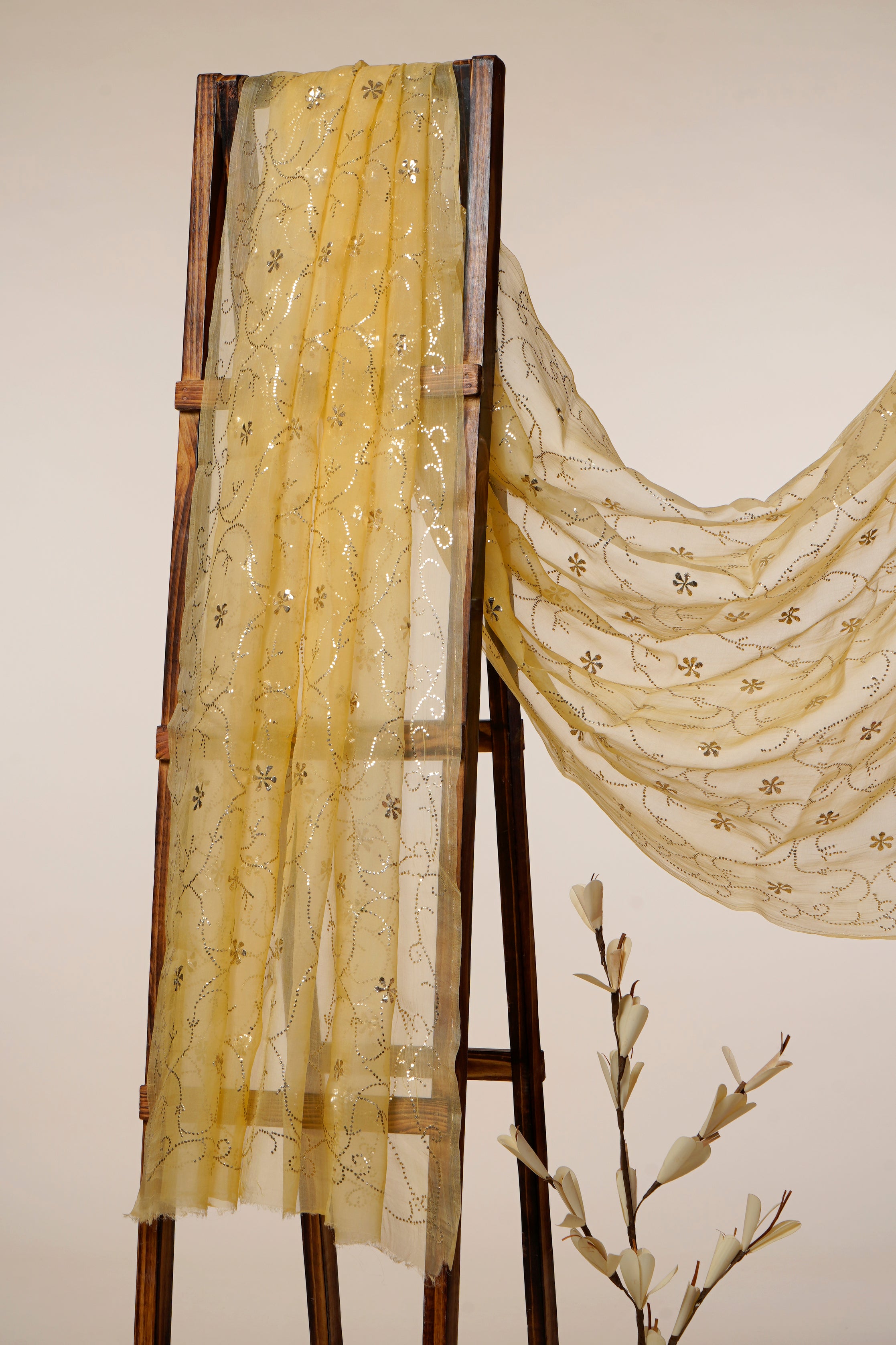 Yellow Color Hand Embroidered Mukaish Work Pure Organza Silk Dupatta