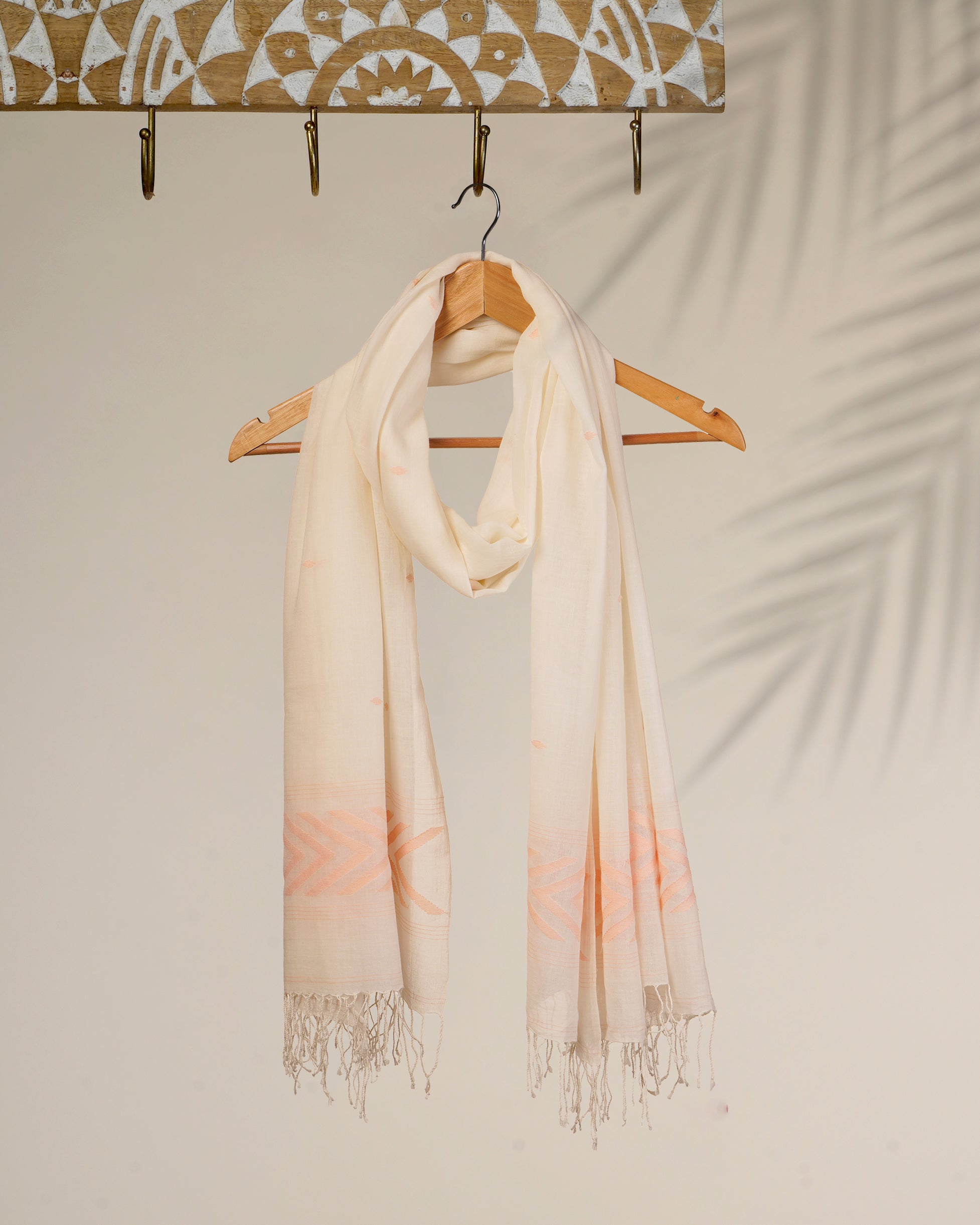 Cream-Peach Color Handloom Cotton Muslin Jamdani Stole with Tassels