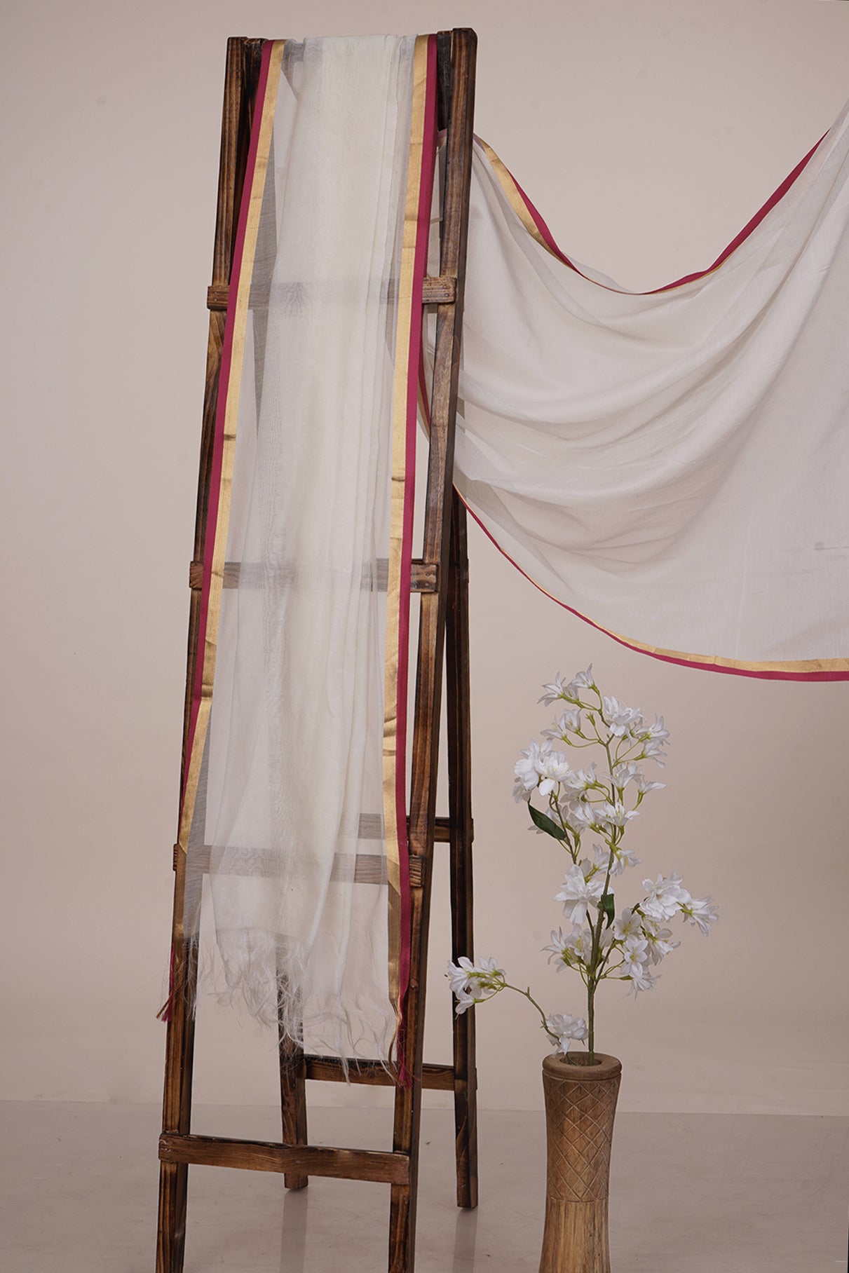 Off White-Pink Color Pure Chanderi Dupatta with Tassels