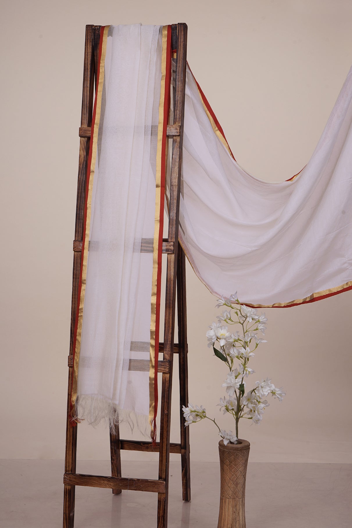 Off White-Red Color Pure Chanderi Dupatta with Tassels