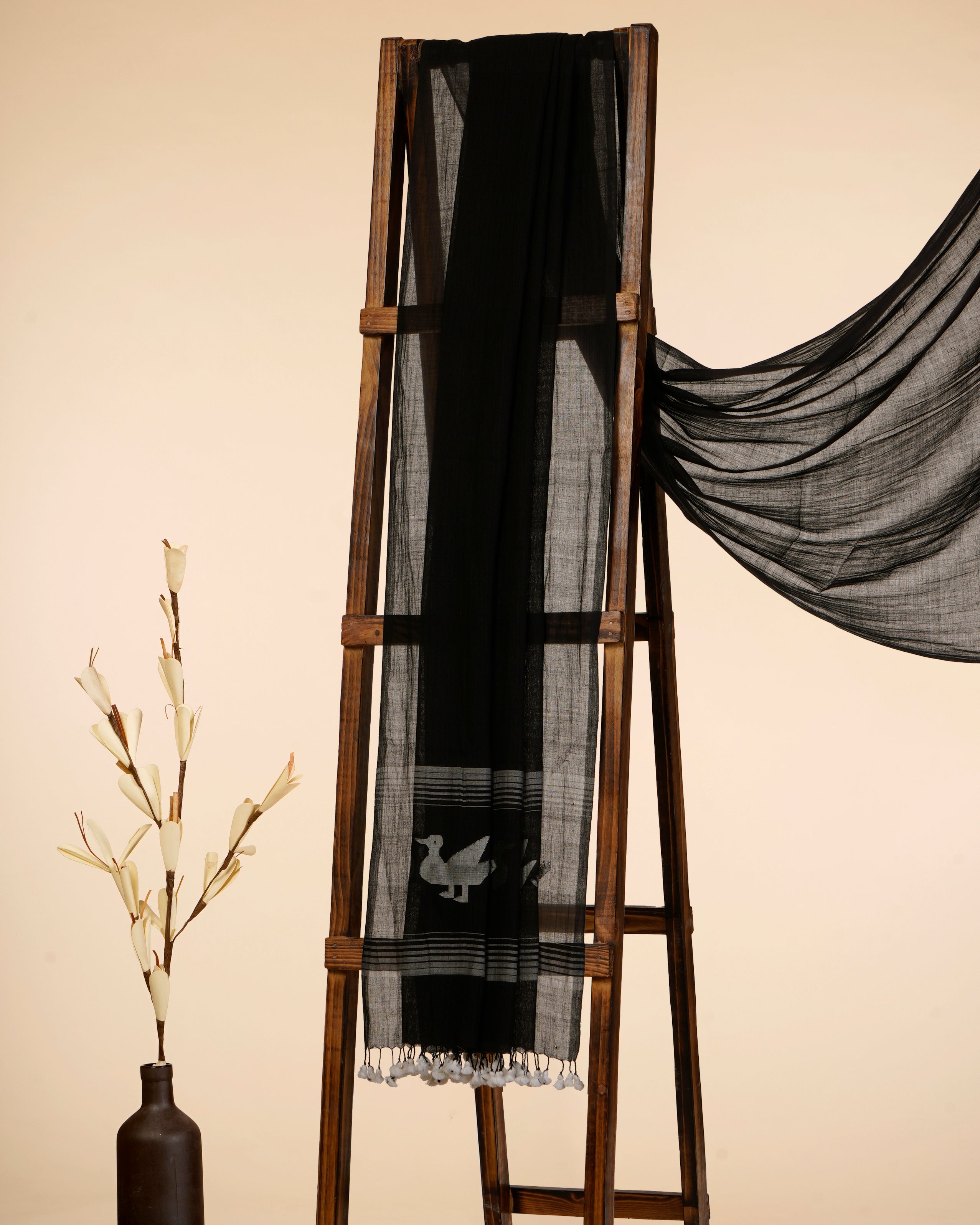 Black Color Handwoven Jamdani Cotton Dupatta with Tassels