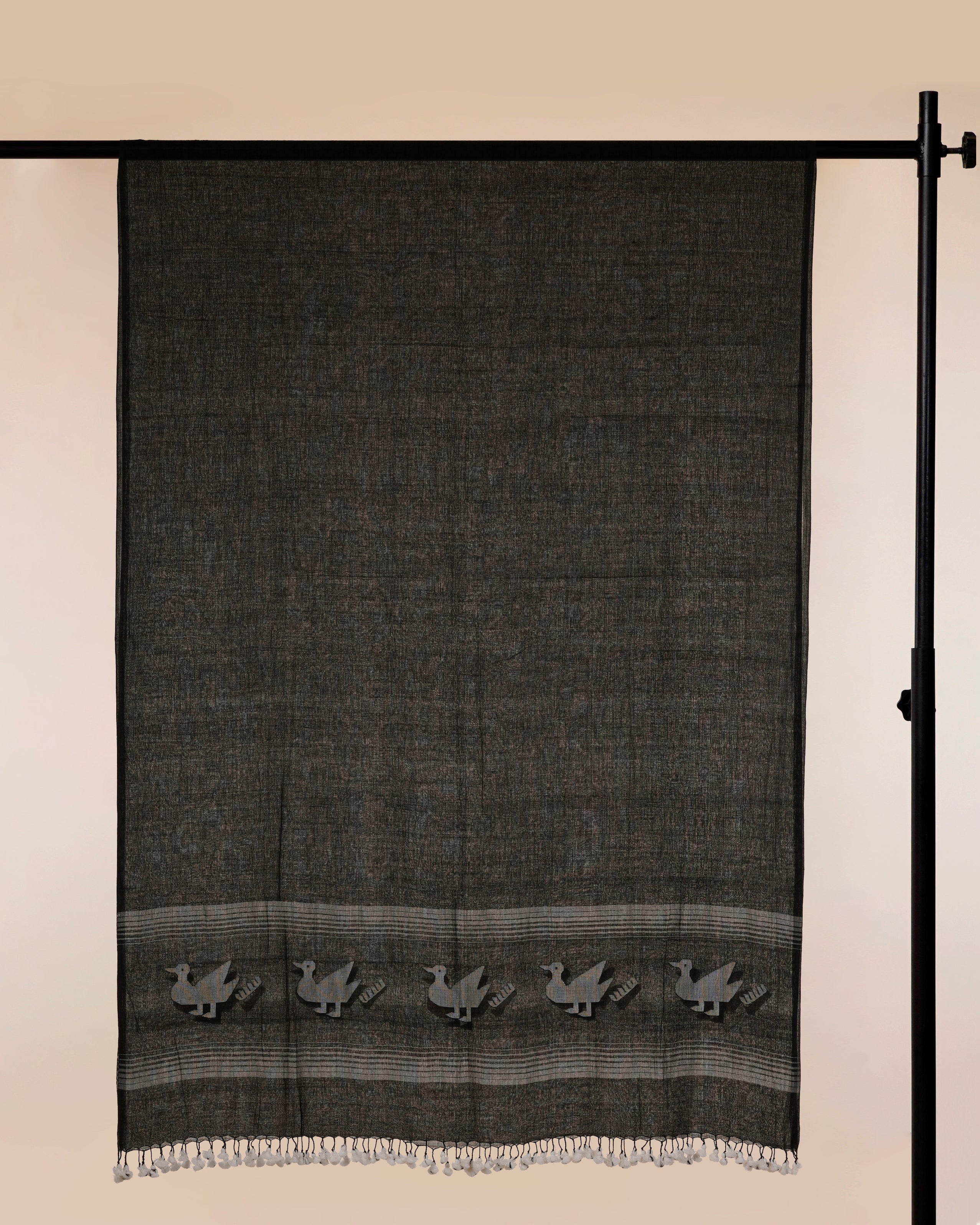 Black Color Handwoven Jamdani Cotton Dupatta with Tassels