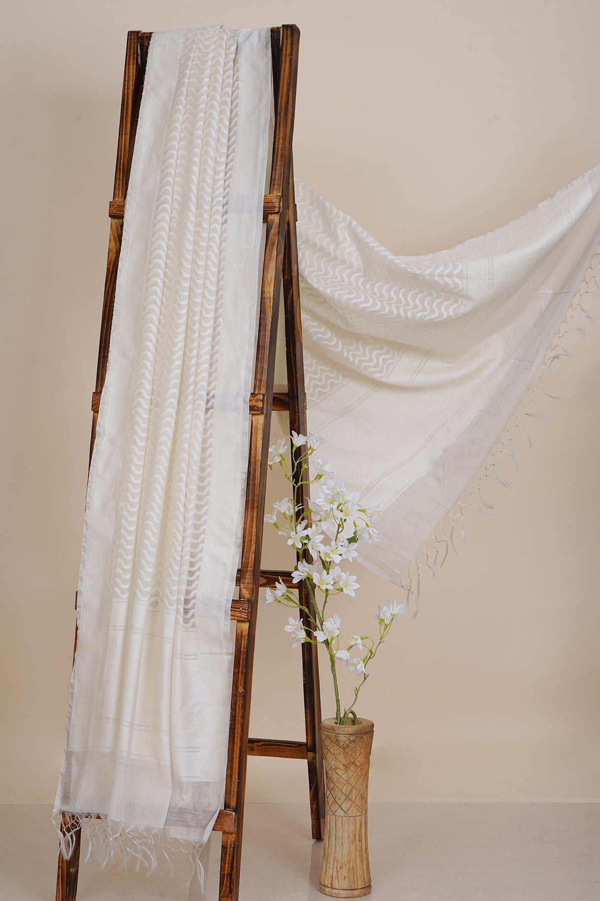 Off White Color Handwoven Jacquard Cotton Silk Dupatta with Tassels