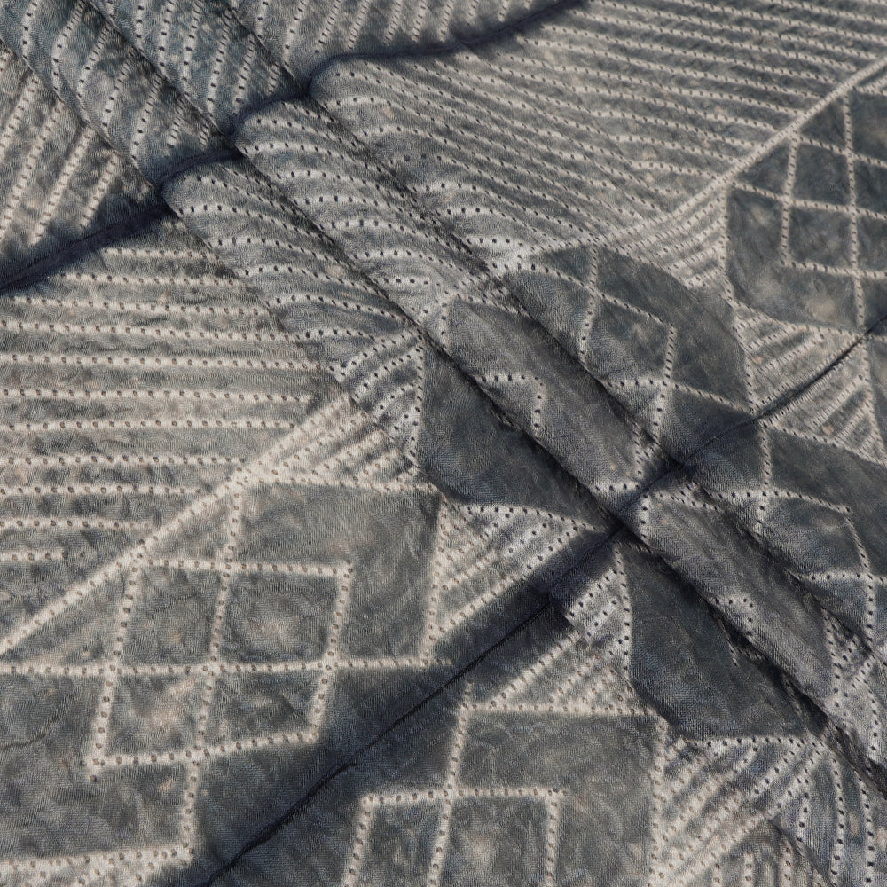(Pre Cut 2.85 Mtr Piece) Grey-Navy Blue Color Handcrafted Shibori Mulberry Silk Fabric
