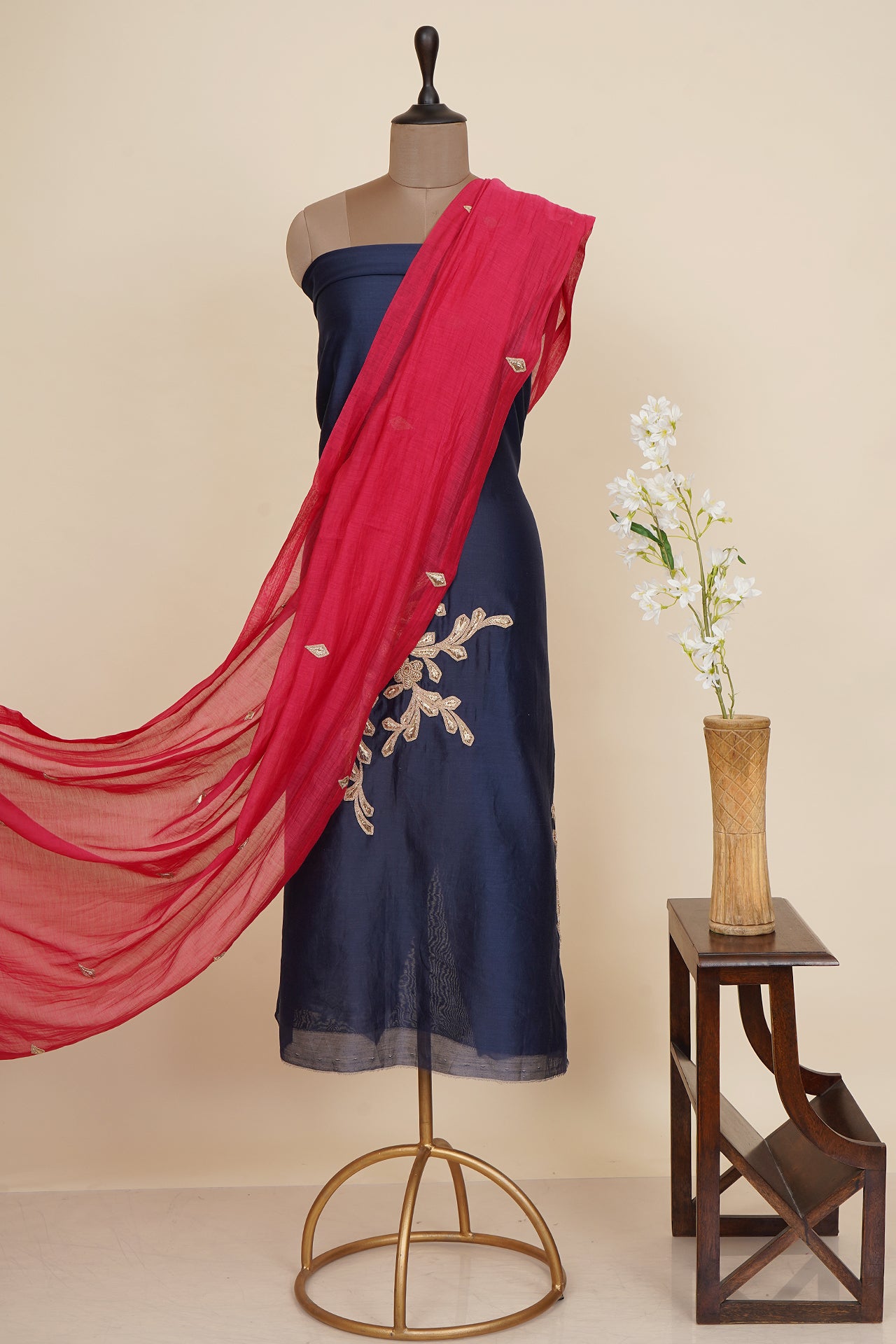 Navy Blue-Red Color Hand Embroidered Silk Suit with Chanderi Dupatta