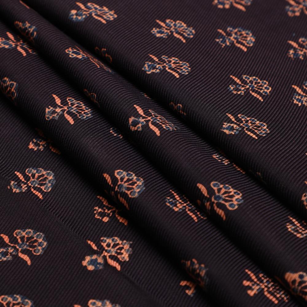 (Pre Cut 2.90 Mtr Piece) Black-Peach Color Handcrafted Ajrak Printed Modal Satin Dobby Fabric