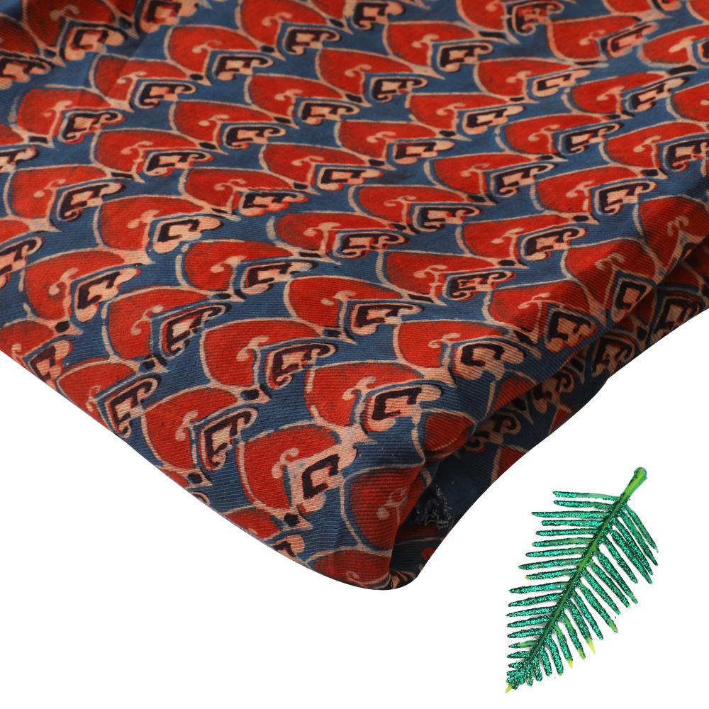 (Pre Cut 2.90 Mtr Piece) Blue-Red Color Handcrafted Ajrak Printed Modal Satin Dobby Fabric