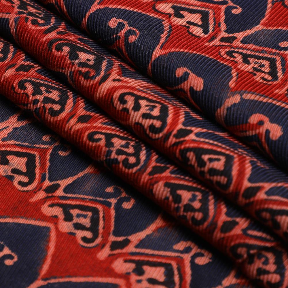 (Pre Cut 2.90 Mtr Piece) Dark Red-Dark Blue Color Handcrafted Ajrak Printed Modal Satin Dobby Fabric