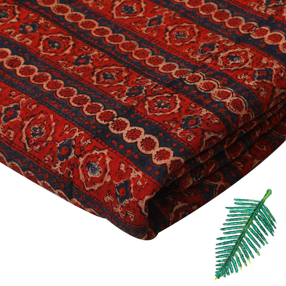 (Pre Cut 3 Mtr Piece) Red-Blue Color Handcrafted Ajrak Printed Modal Satin Dobby Fabric