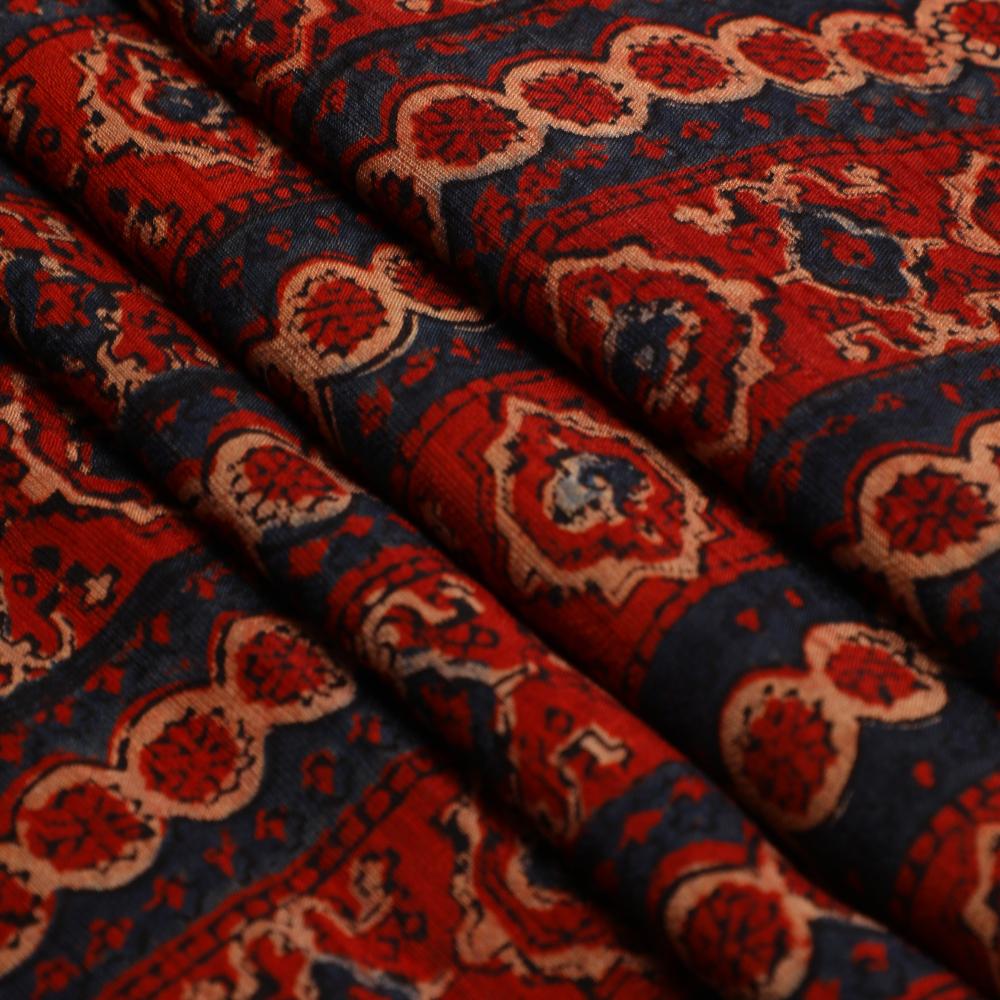 (Pre Cut 3 Mtr Piece) Red-Blue Color Handcrafted Ajrak Printed Modal Satin Dobby Fabric