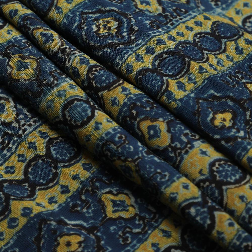 (Pre Cut 3 Mtr Piece) Blue-Green Color Handcrafted Ajrak Printed Modal Satin Dobby Fabric