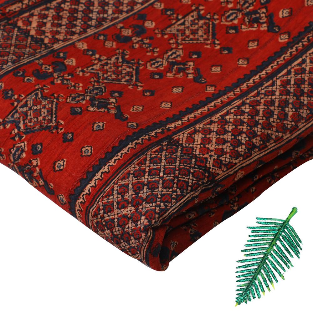 (Pre Cut 3 Mtr Piece) Dark Red Color Handcrafted Ajrak Printed Modal Satin Dobby Fabric