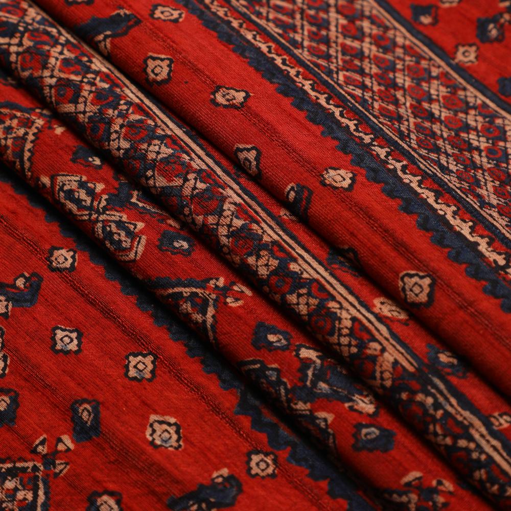 (Pre Cut 3 Mtr Piece) Dark Red Color Handcrafted Ajrak Printed Modal Satin Dobby Fabric