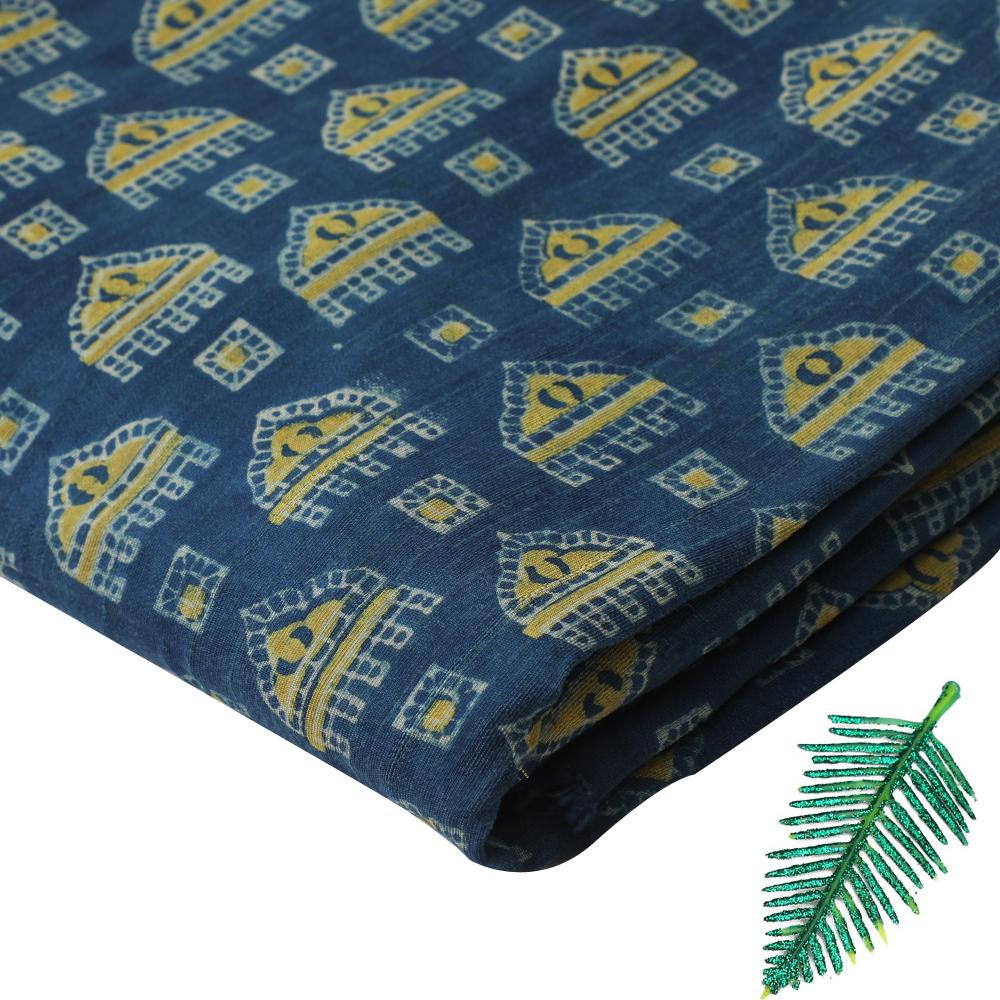 (Pre Cut 3 Mtr Piece) Blue Color Handcrafted Ajrak Printed Modal Satin Dobby Fabric