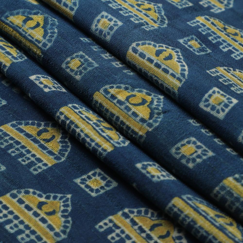 (Pre Cut 3 Mtr Piece) Blue Color Handcrafted Ajrak Printed Modal Satin Dobby Fabric