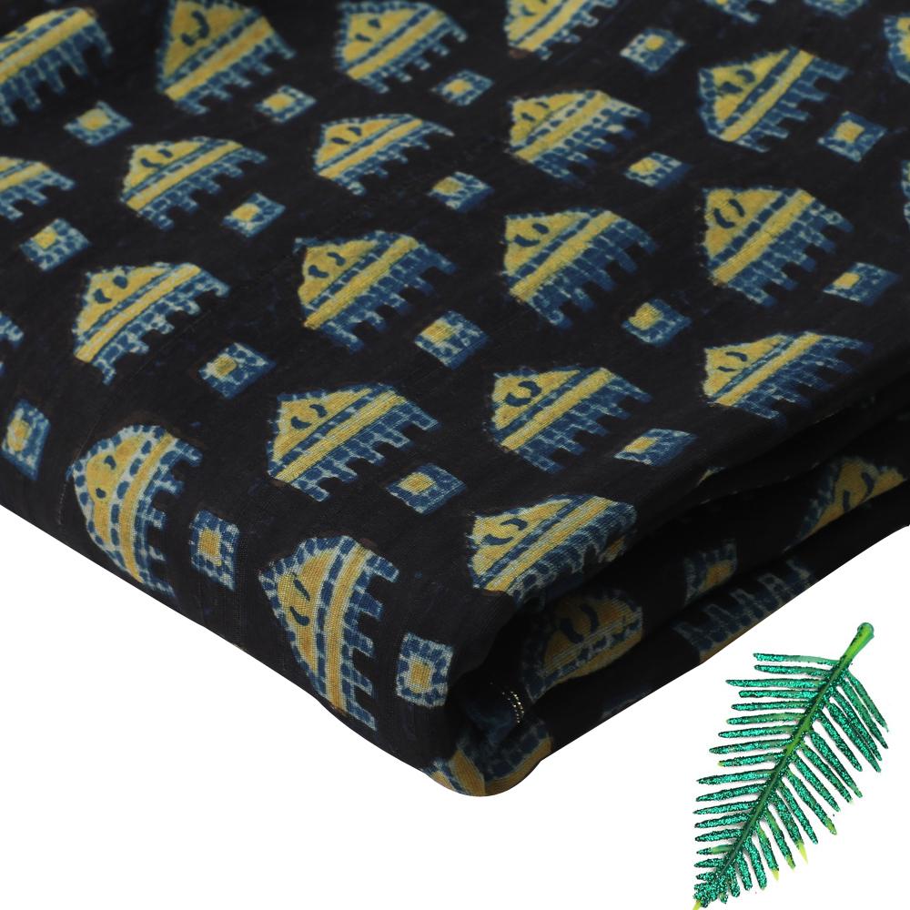 (Pre Cut 3 Mtr Piece) Black-Blue Color Handcrafted Ajrak Printed Modal Satin Dobby Fabric