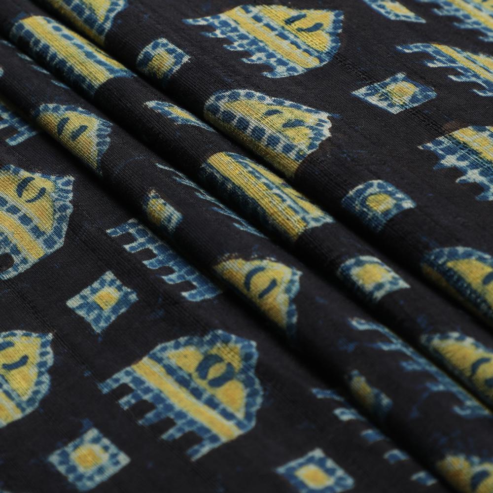 (Pre Cut 3 Mtr Piece) Black-Blue Color Handcrafted Ajrak Printed Modal Satin Dobby Fabric