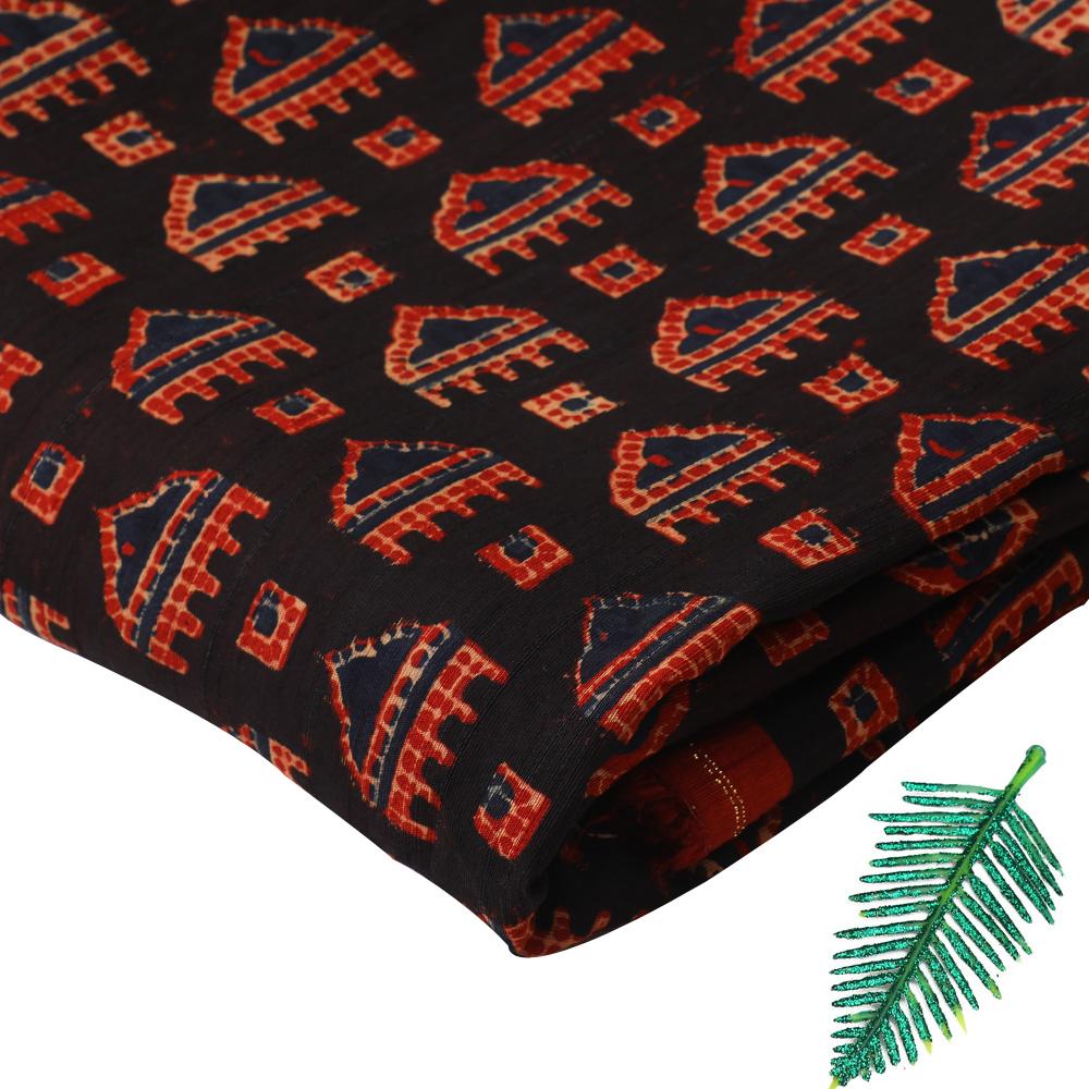 (Pre Cut 3 Mtr Piece) Black-Red Color Handcrafted Ajrak Printed Modal Satin Dobby Fabric
