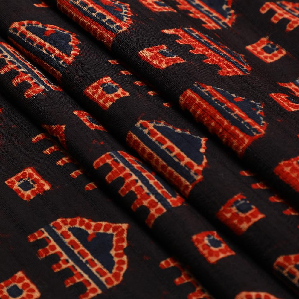 (Pre Cut 3 Mtr Piece) Black-Red Color Handcrafted Ajrak Printed Modal Satin Dobby Fabric