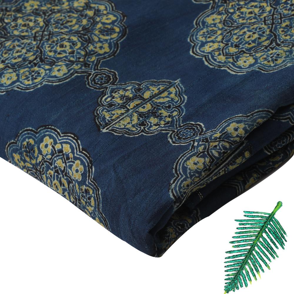 (Pre Cut 3 Mtr Piece) Blue Color Handcrafted Ajrak Printed Modal Satin Dobby Fabric