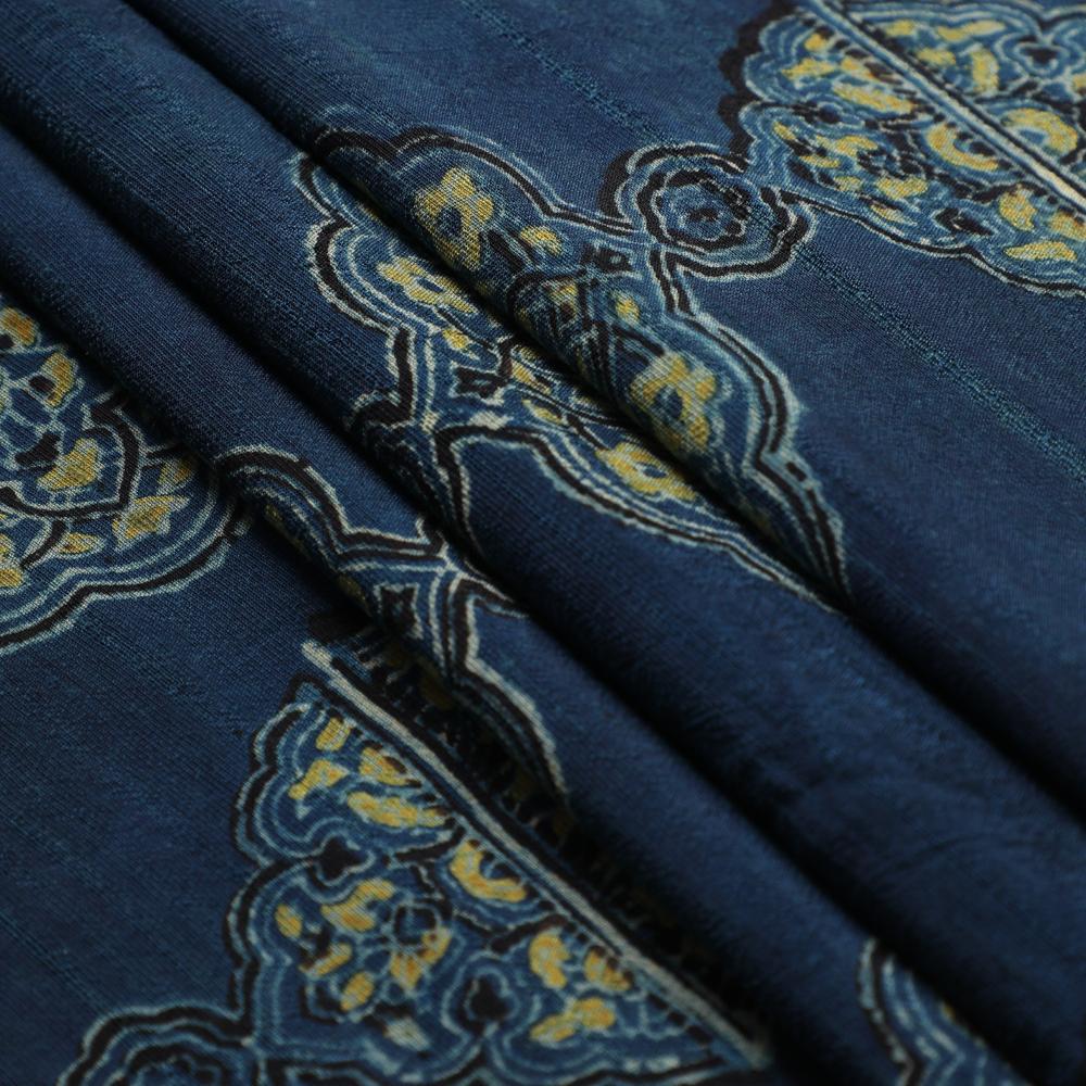 (Pre Cut 3 Mtr Piece) Blue Color Handcrafted Ajrak Printed Modal Satin Dobby Fabric