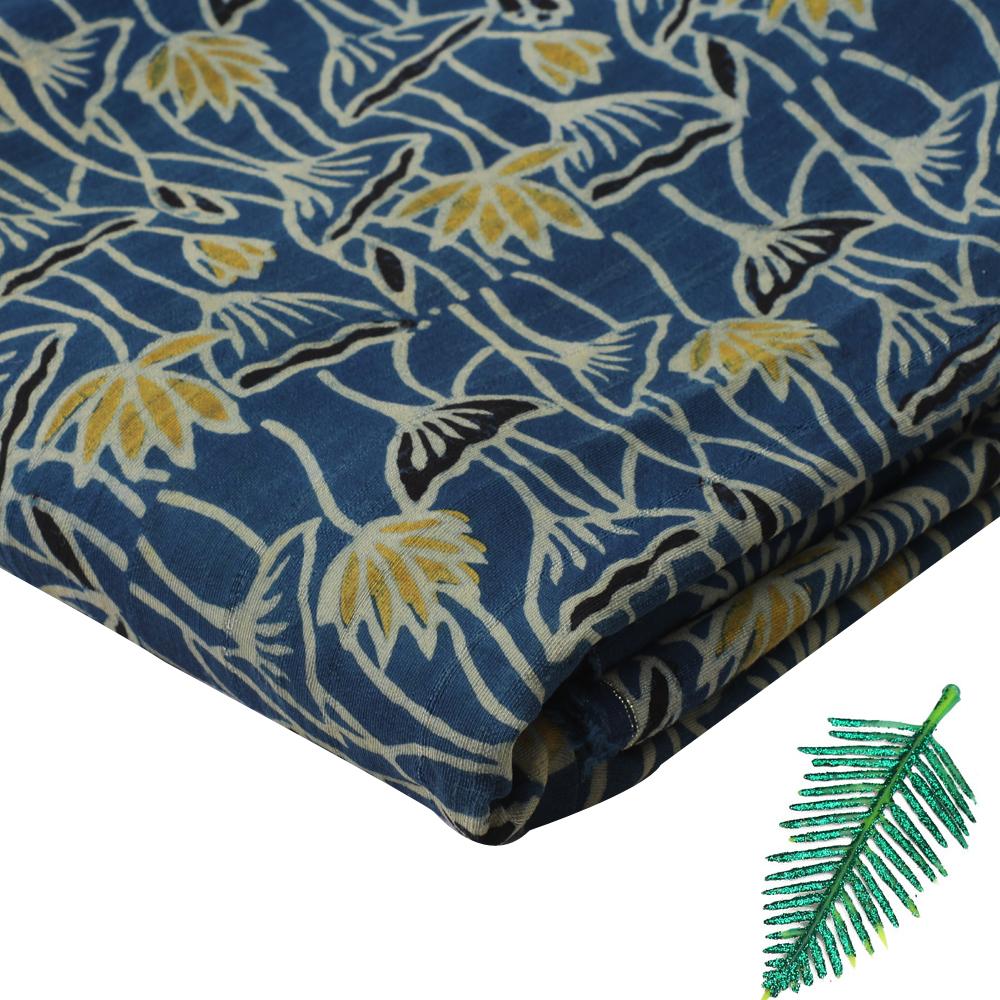 (Pre Cut 3 Mtr Piece) Blue Color Handcrafted Ajrak Printed Modal Satin Dobby Fabric