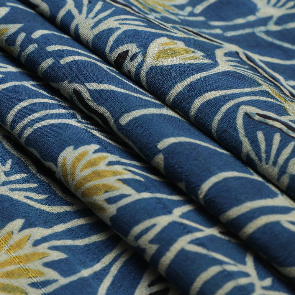 (Pre Cut 3 Mtr Piece) Blue Color Handcrafted Ajrak Printed Modal Satin Dobby Fabric