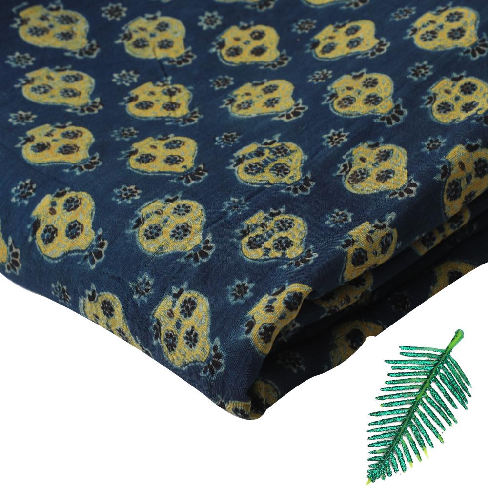 (Pre Cut 3 Mtr Piece) Blue-Yellow Color Handcrafted Ajrak Printed Modal Satin Dobby Fabric