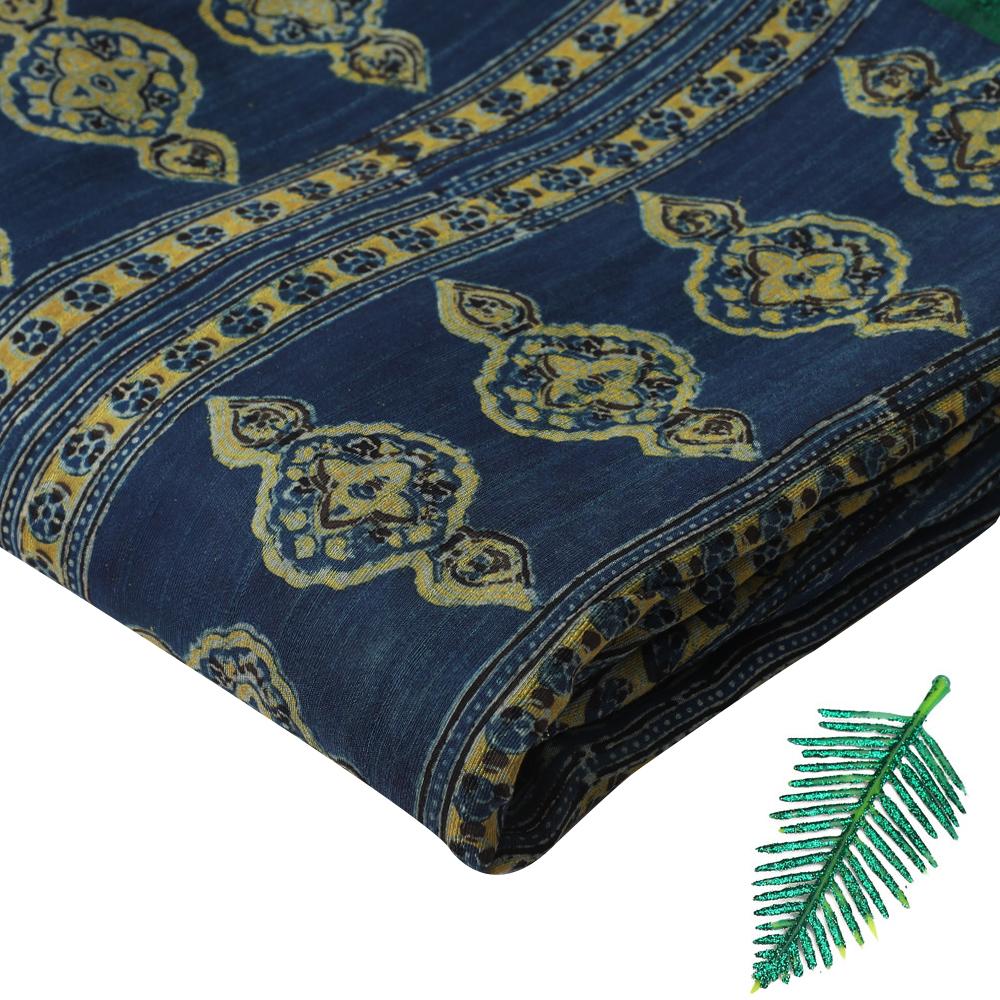 (Pre Cut 3 Mtr Piece) Blue Color Handcrafted Ajrak Printed Modal Satin Dobby Fabric