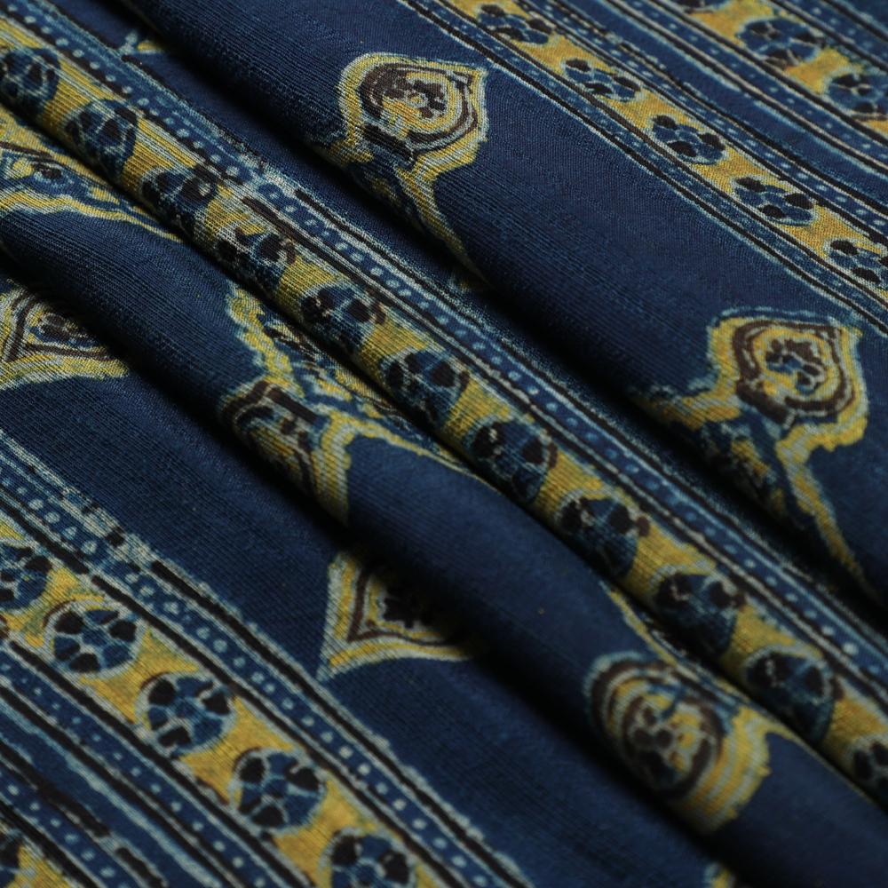 (Pre Cut 3 Mtr Piece) Blue Color Handcrafted Ajrak Printed Modal Satin Dobby Fabric