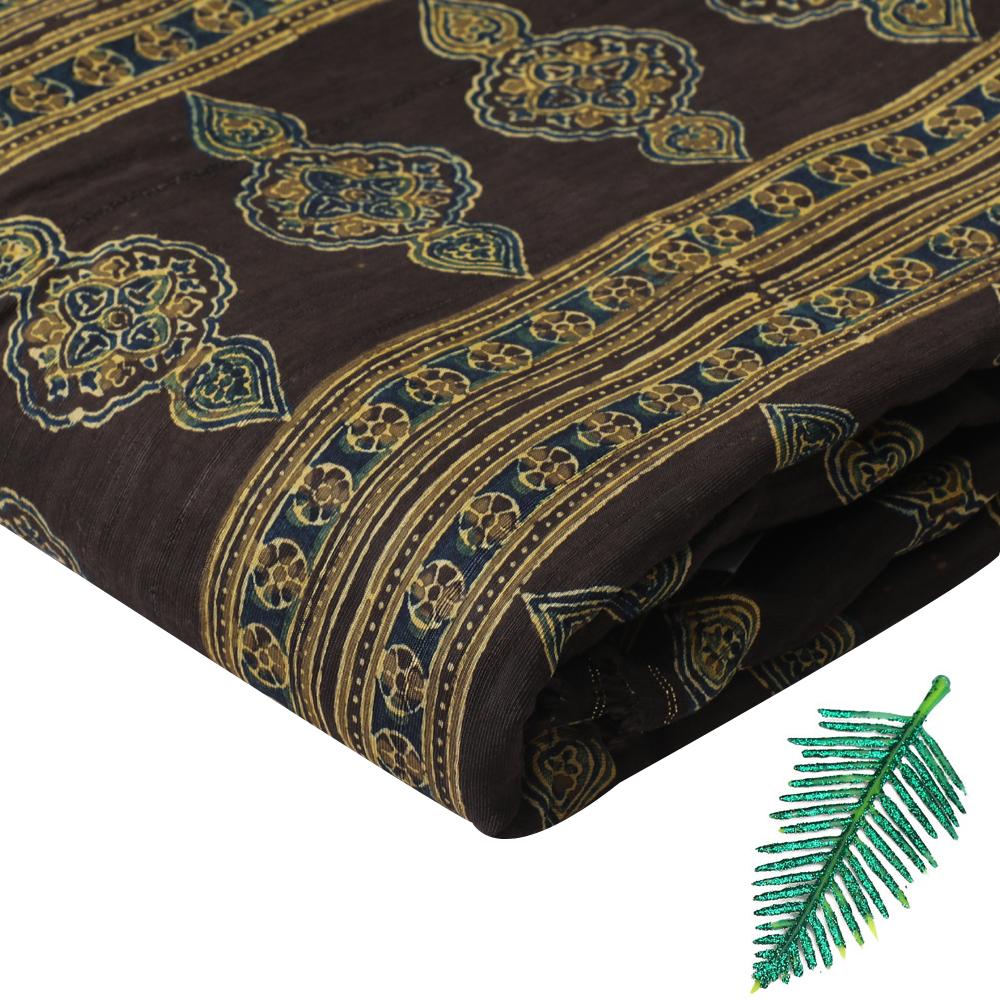 (Pre Cut 2.80 Mtr Peice) Black-Olive Green Color Handcrafted Ajrak Printed Modal Satin Dobby Fabric