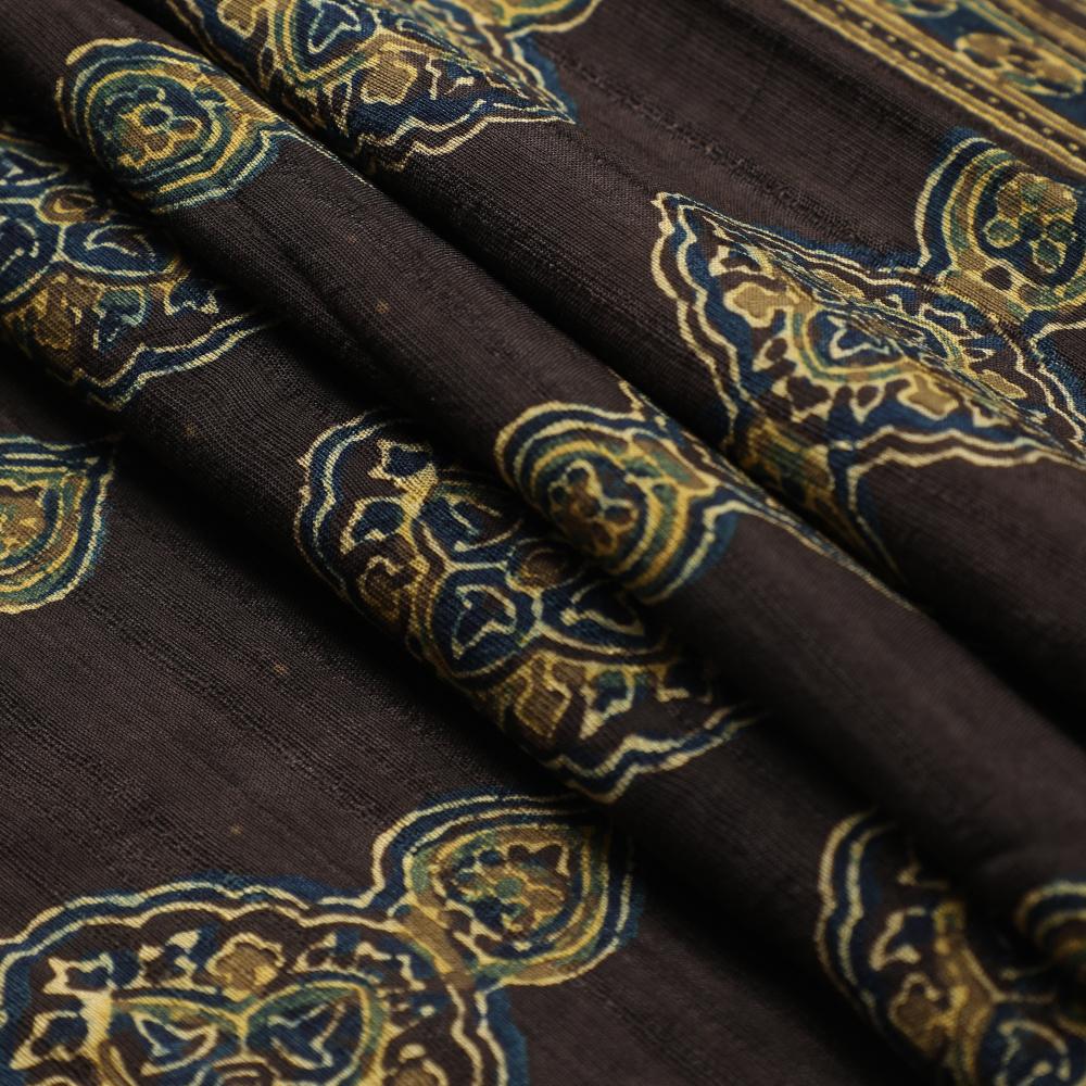 (Pre Cut 2.80 Mtr Peice) Black-Olive Green Color Handcrafted Ajrak Printed Modal Satin Dobby Fabric
