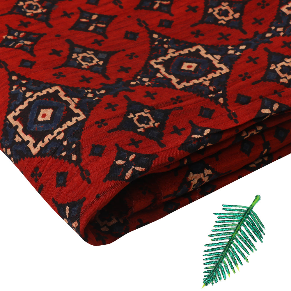 (Pre Cut 3 Mtr Piece) Dark Red-Black Color Handcrafted Ajrak Printed Modal Satin Dobby Fabric