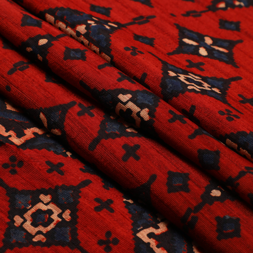 (Pre Cut 3 Mtr Piece) Dark Red-Black Color Handcrafted Ajrak Printed Modal Satin Dobby Fabric