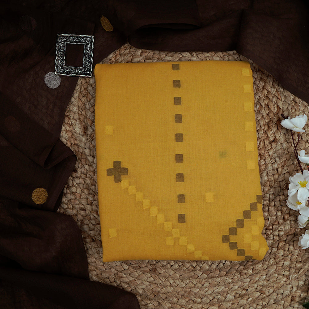 Yellow-Brown Color Handwoven Jamdani Cotton Suit Set with Tassel Dupatta