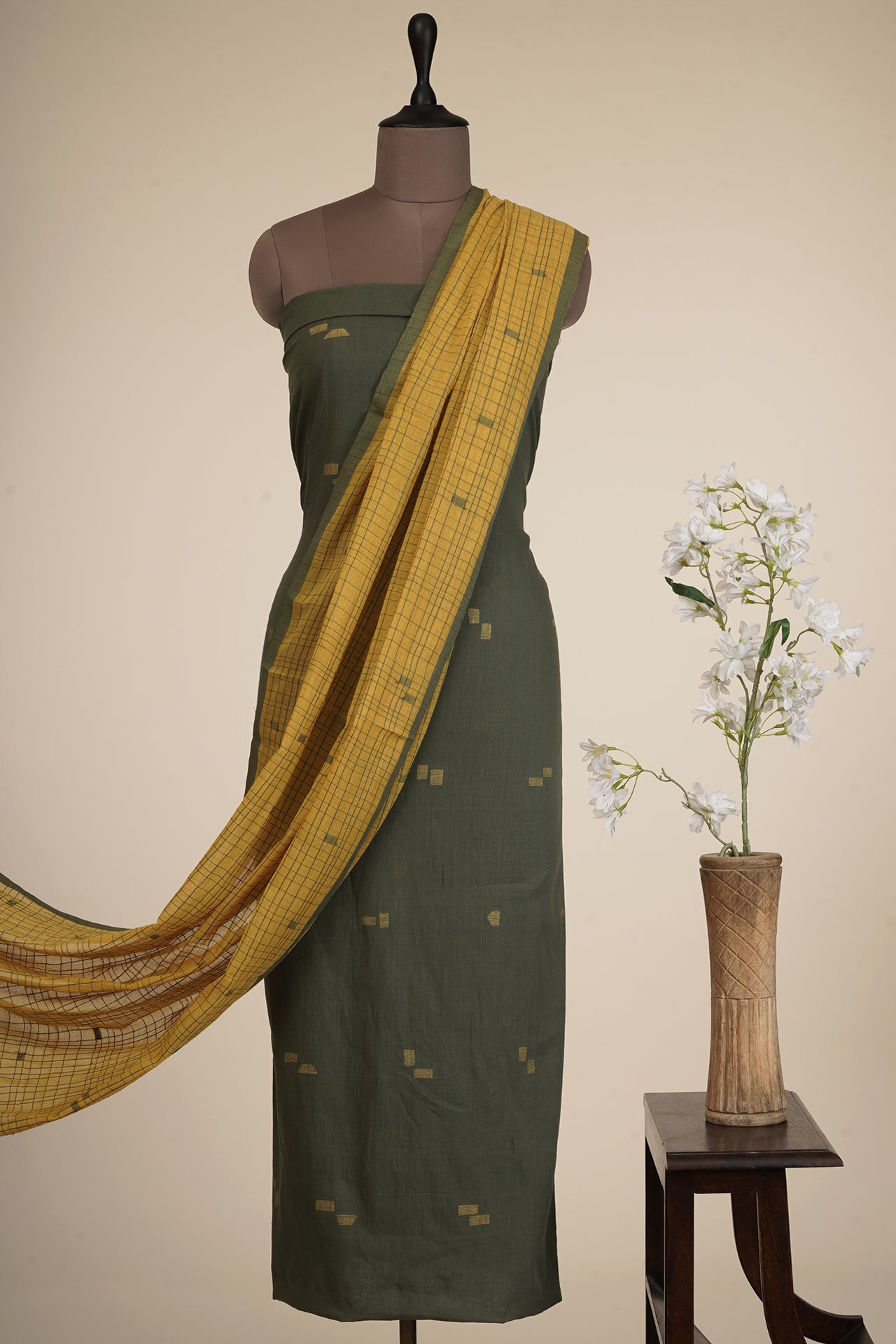 Olive-Yellow Color Handwoven Jamdani Cotton Suit Set with Tassel Dupatta
