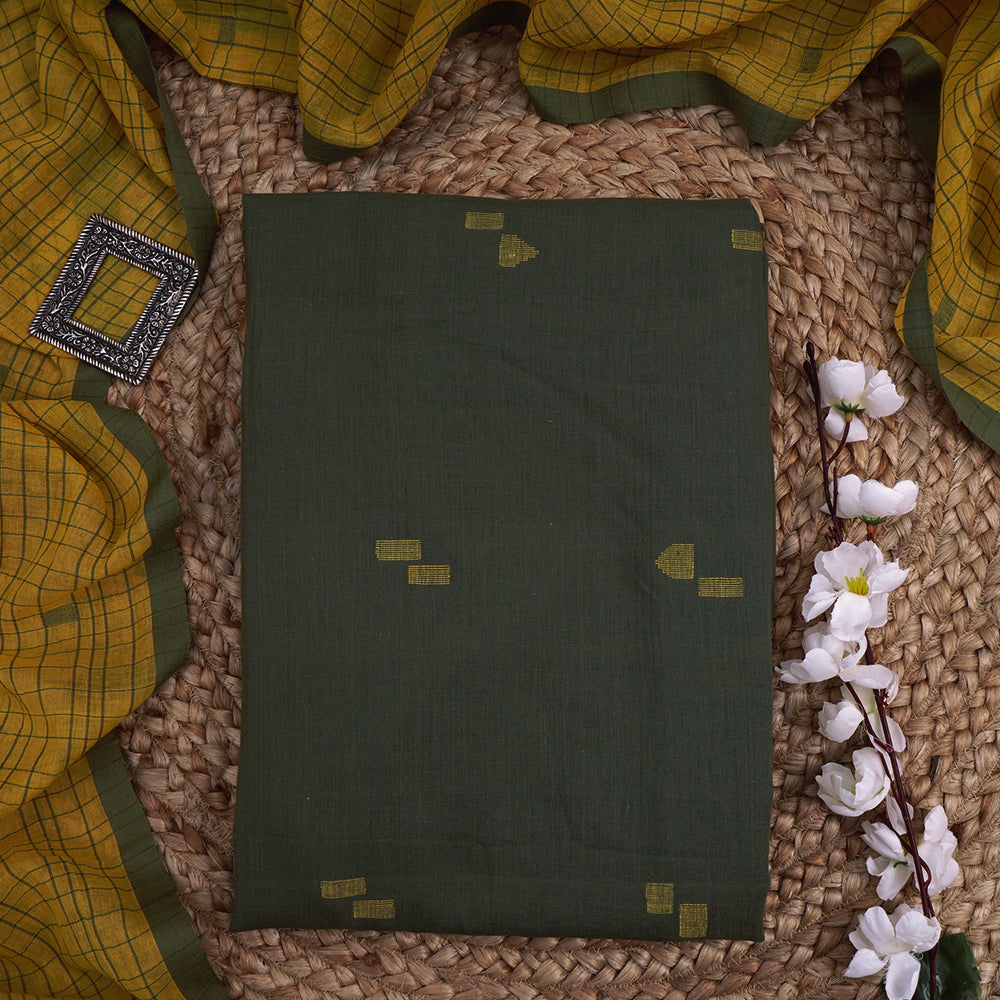 Olive-Yellow Color Handwoven Jamdani Cotton Suit Set with Tassel Dupatta