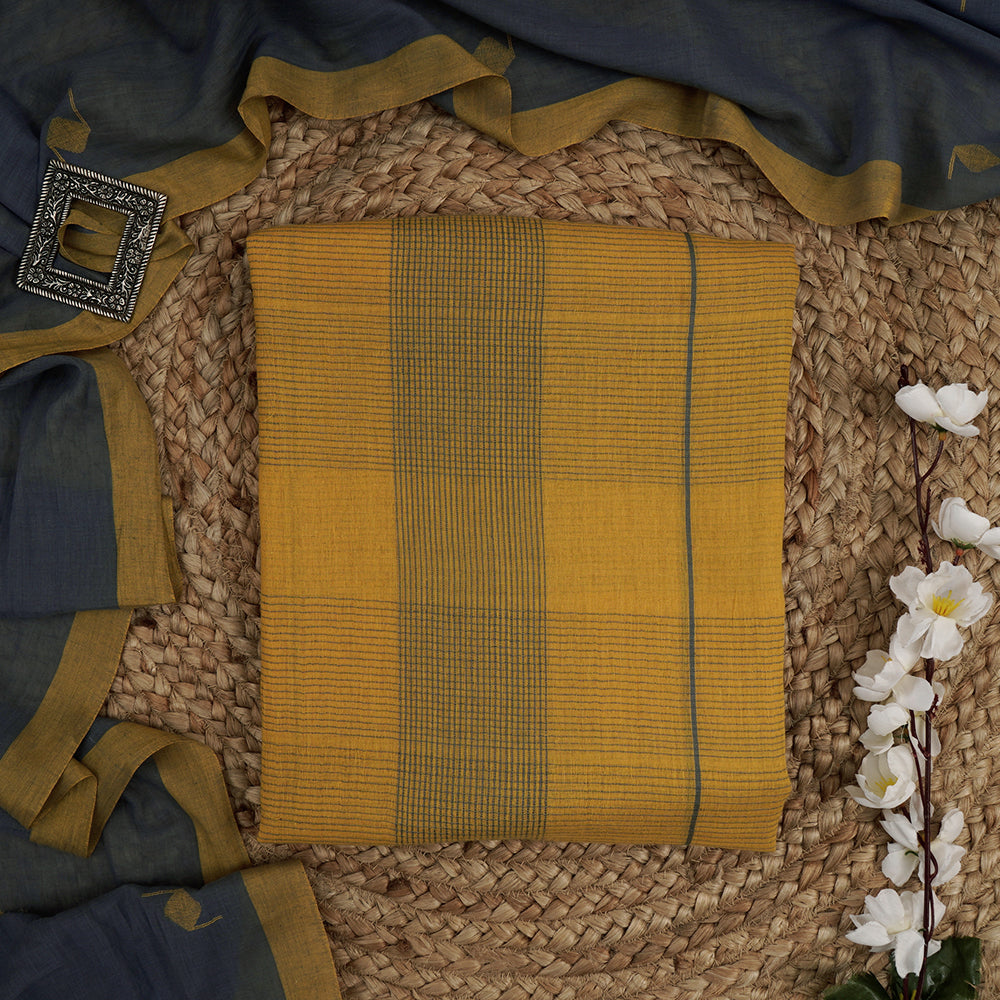 Yellow-Grey Color Handwoven Jamdani Cotton Suit Set with Tassel Dupatta