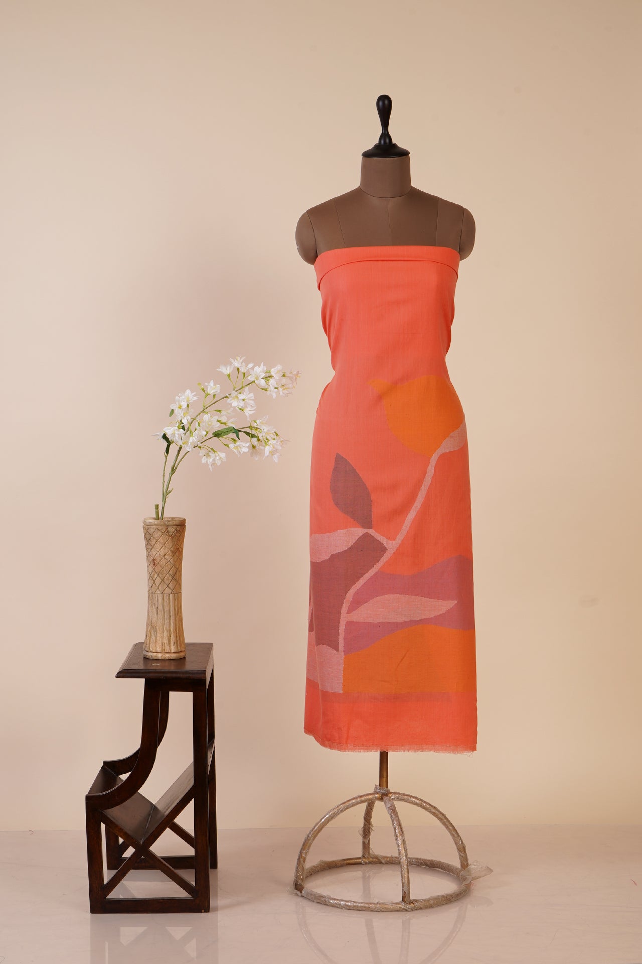 Coral Color Handwoven Jamdani Cotton Dress or Kurta Piece