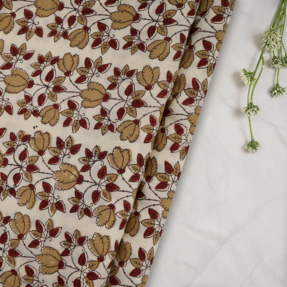 (Pre-Cut Approx 2.5 Mtr) Cream Color Handcrafted Ajrak Printed Pure Cotton Fabric