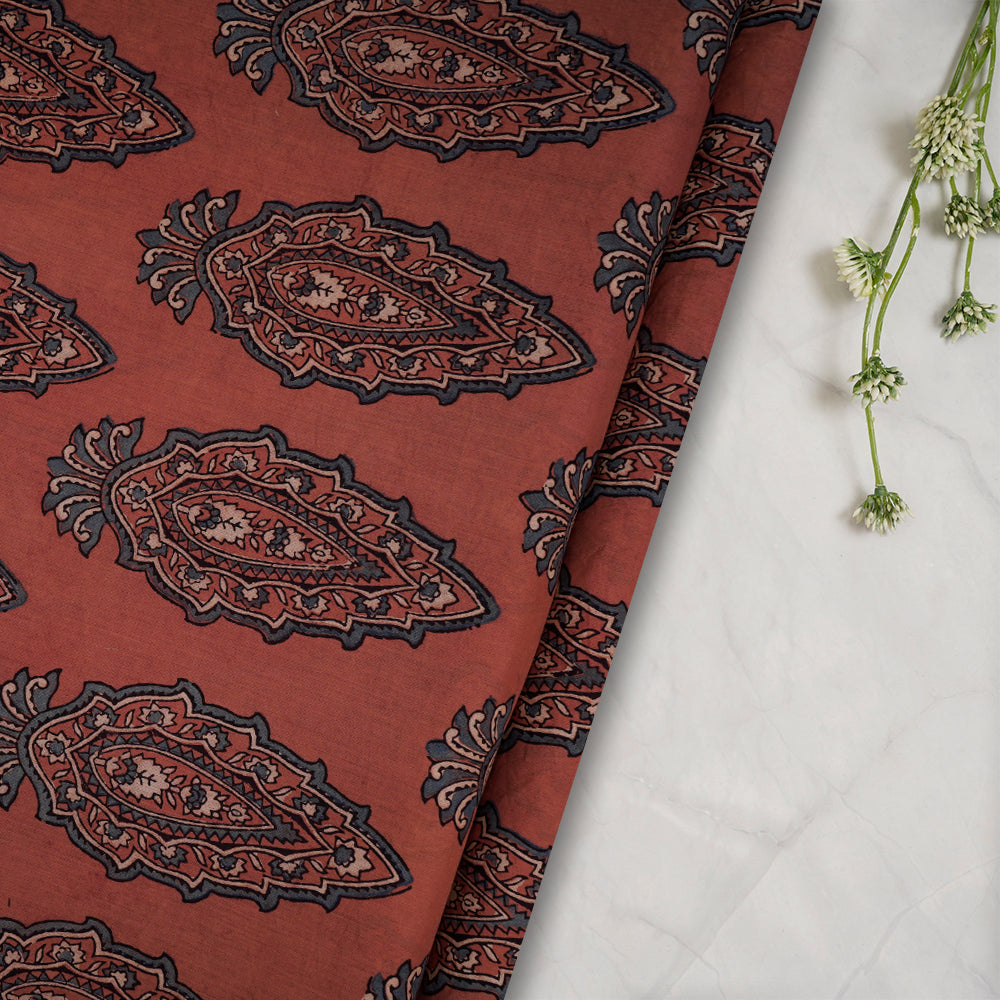 (Pre-Cut Approx 2.5 Mtr) Mandy Color Handcrafted Ajrak Printed Pure Cotton Fabric