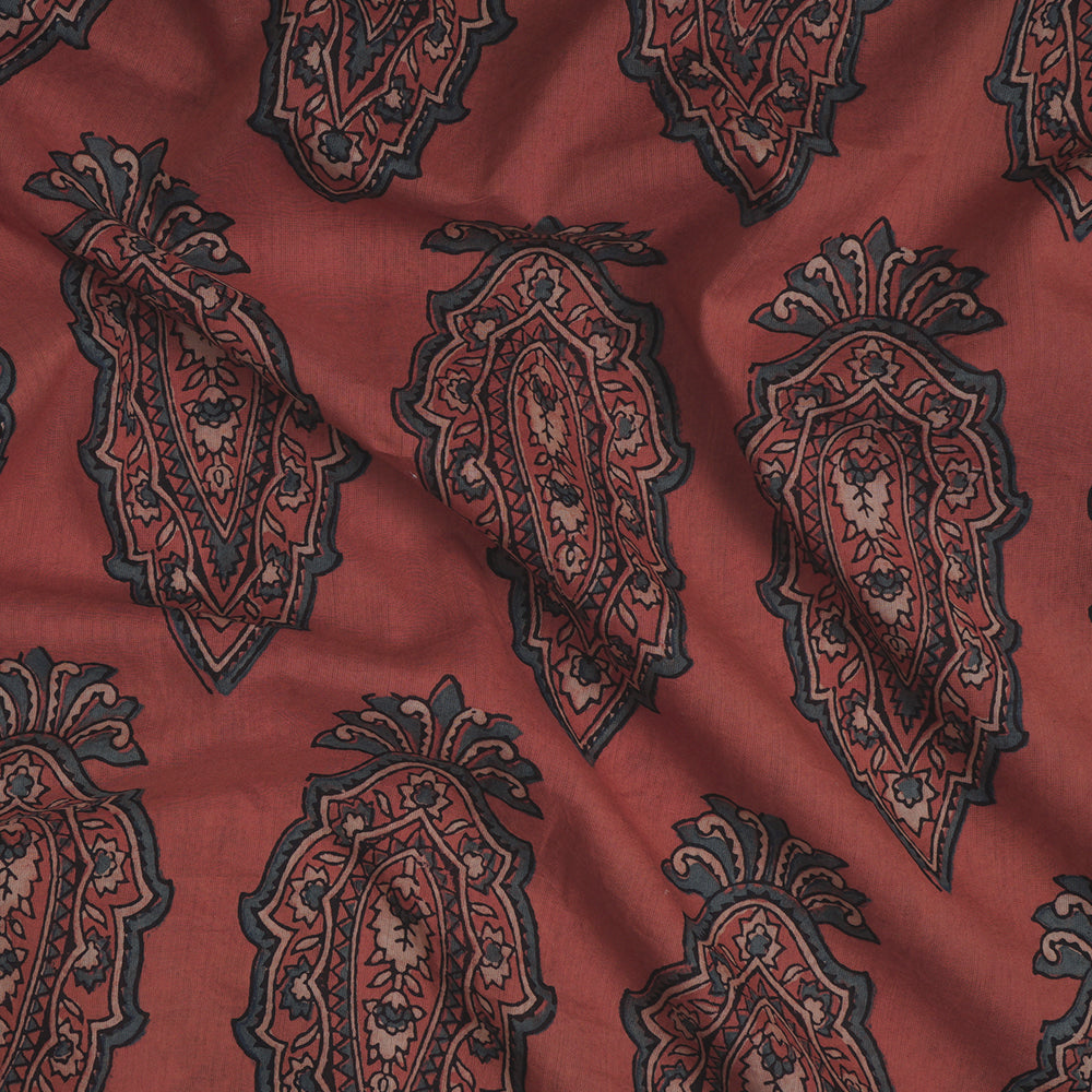 (Pre-Cut Approx 2.5 Mtr) Mandy Color Handcrafted Ajrak Printed Pure Cotton Fabric