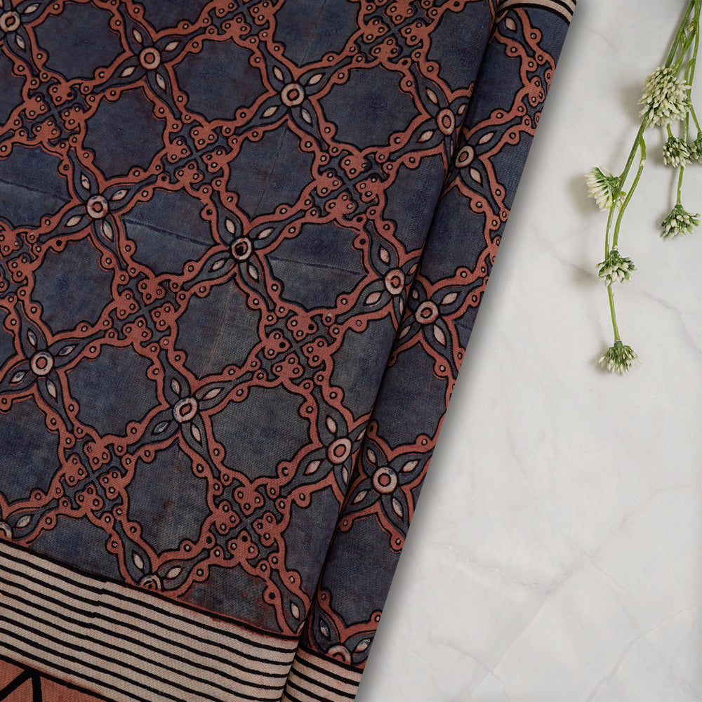 (Pre-Cut Approx 2.5 Mtr) Blush-Blue Color Handcrafted Ajrak Printed Pure Cotton Fabric