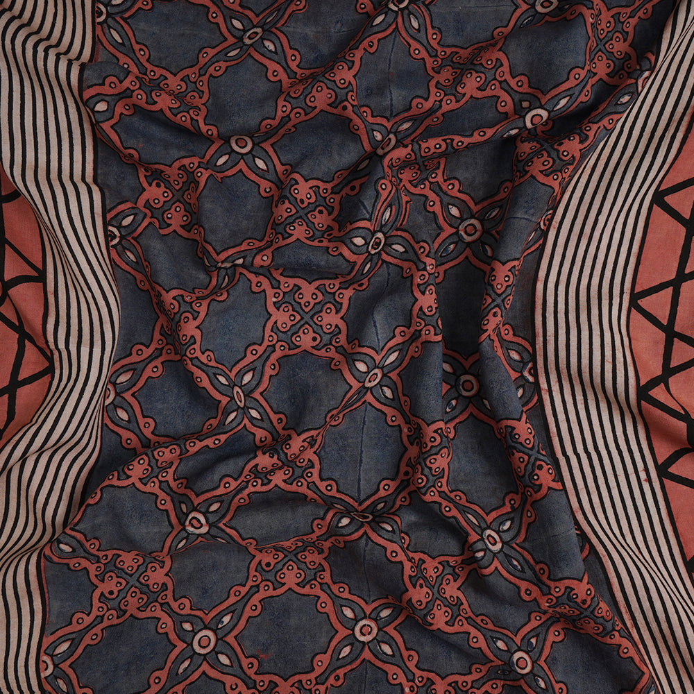 (Pre-Cut Approx 2.5 Mtr) Blush-Blue Color Handcrafted Ajrak Printed Pure Cotton Fabric