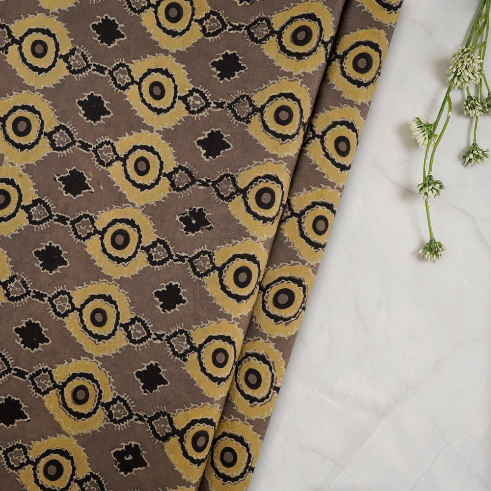 (Pre-Cut Approx 2.5 Mtr) Dark Mushroom-Black Color Handcrafted Ajrak Printed Pure Cotton Fabric