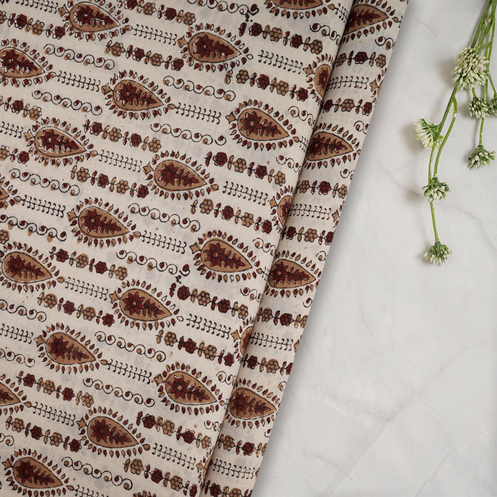 (Pre-Cut Approx 2.5 Mtr) Cream Color Handcrafted Ajrak Printed Pure Cotton Fabric