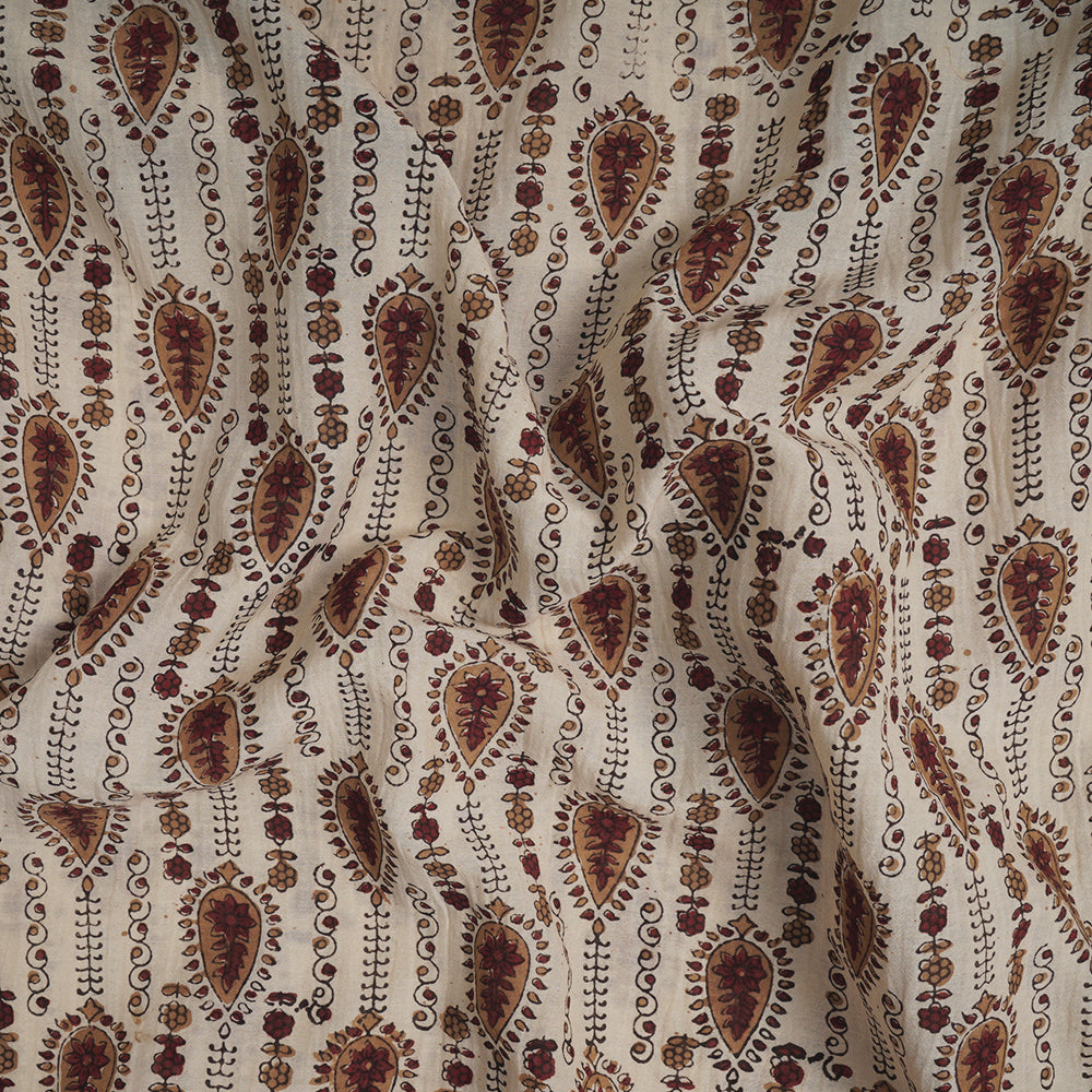 (Pre-Cut Approx 2.5 Mtr) Cream Color Handcrafted Ajrak Printed Pure Cotton Fabric