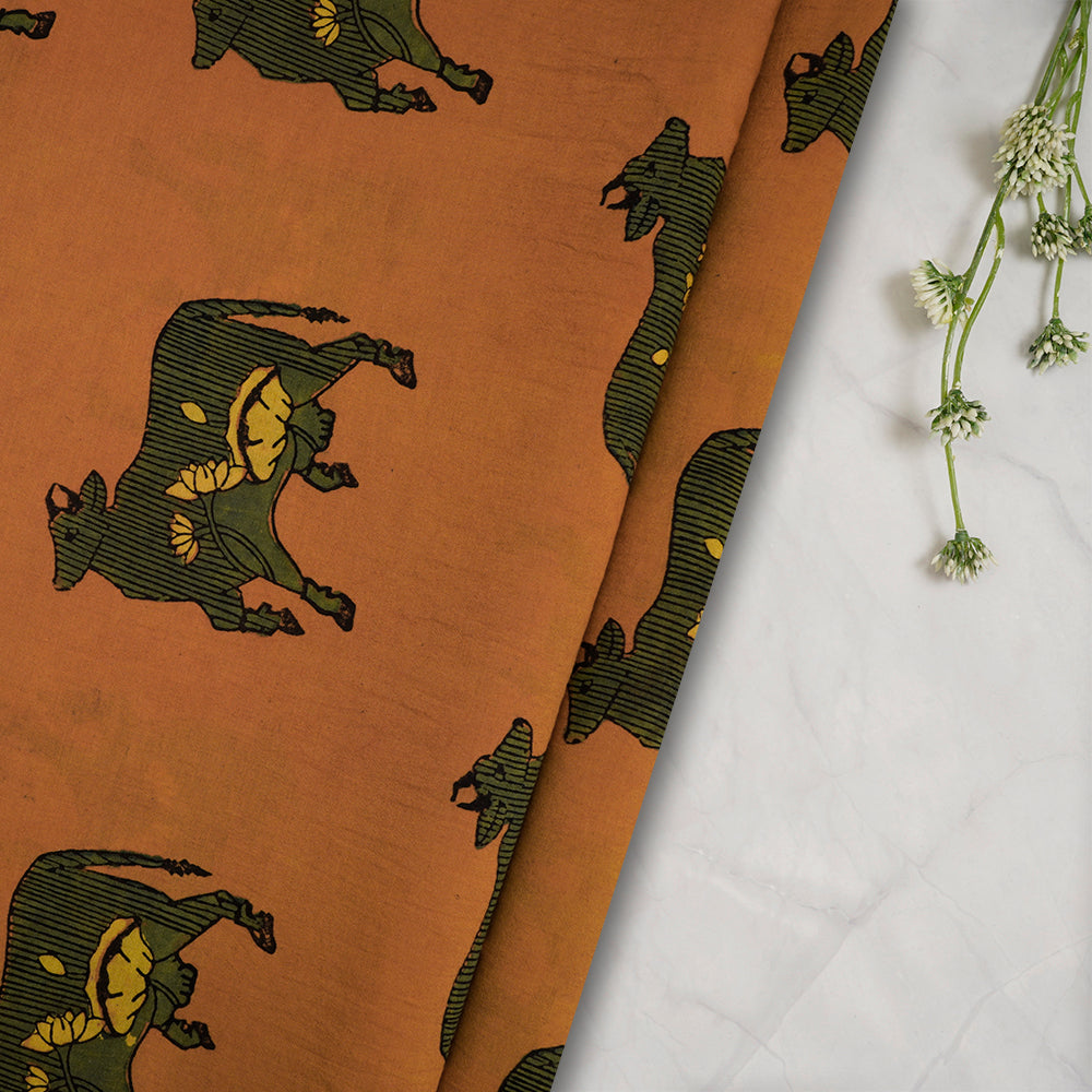 (Pre-Cut Approx 2.5 Mtr) Orange-Green Color Handcrafted Ajrak Printed Pure Cotton Fabric