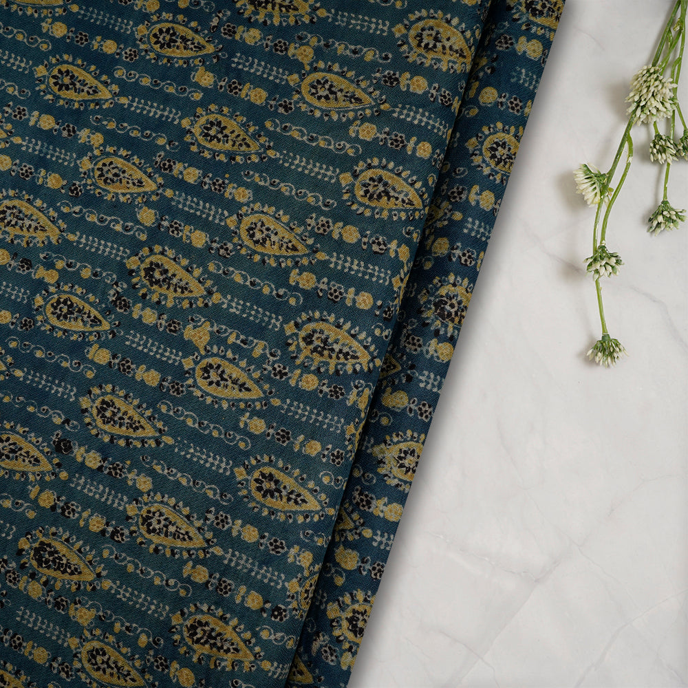 (Pre-Cut Approx 3 Mtr) Aegean Color Handcrafted Ajrak Printed Pure Cotton Fabric